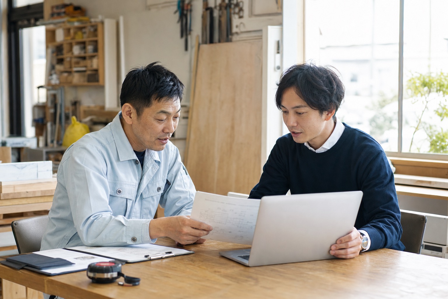 職人と打ち合わせをする担当者