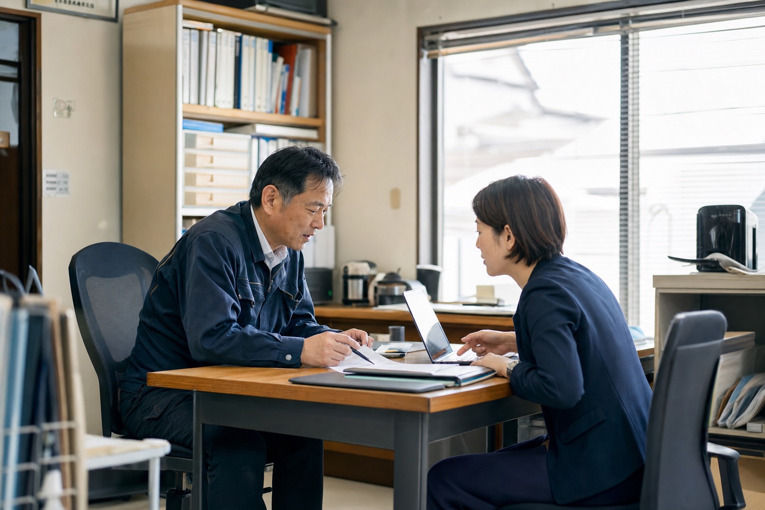小さな事務所で打ち合わせをする事業者と担当者